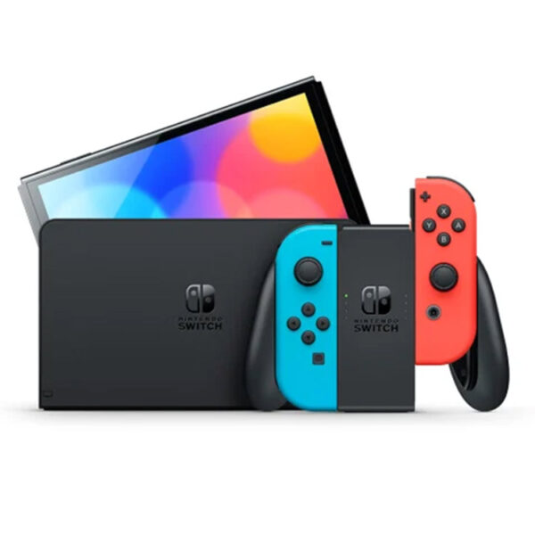 Nintendo Switch OLED with Neon Blue and Neon Red Joy-Con